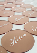 Load image into Gallery viewer, Rose Gold Acrylic Round Place Card Coasters with White Names
