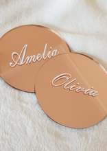 Load image into Gallery viewer, Rose Gold Round Acrylic Place Card Coasters with White Names
