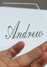 Load image into Gallery viewer, Clear Acrylic Hexagon Place Card with Silver Name
