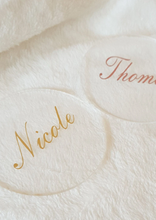 Load image into Gallery viewer, Clear Acrylic Round Place Card Coasters with Gold and Rose Gold Names
