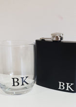 Load image into Gallery viewer, Scotch Glass with Black initials and Black hip flask with matching initials in silver
